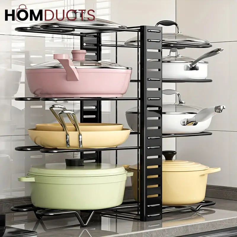 Adjustable Heavy Duty Pot and Pan Organizer Rack – 8 Tier Kitchen Cookware Storage Stand for Lids Skillets & Bakeware