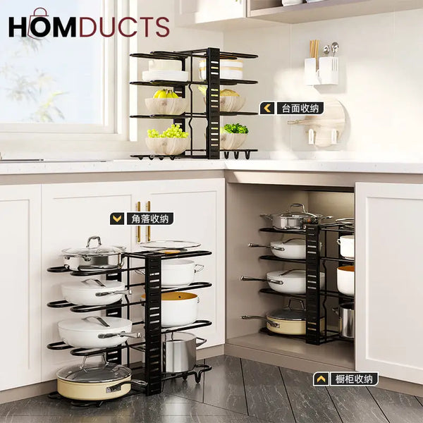 Adjustable Heavy Duty Pot and Pan Organizer Rack – 8 Tier Kitchen Cookware Storage Stand for Lids Skillets & Bakeware