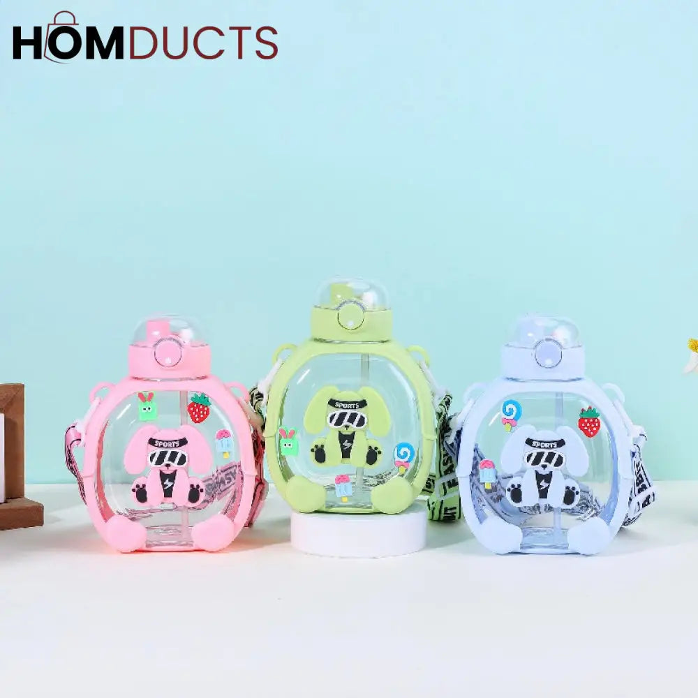 Adorable Cartoon Dog Kids Water Bottle with Straw & Crossbody Strap - Hydration Fun!