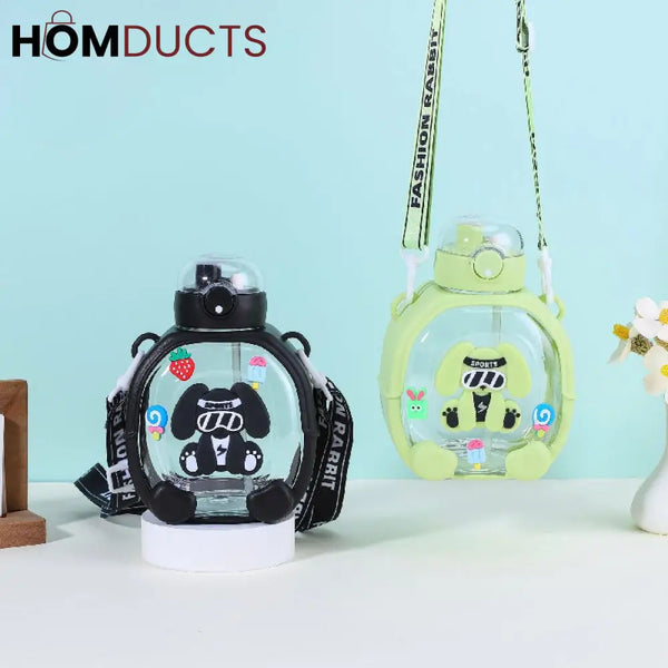 Adorable Cartoon Dog Kids Water Bottle with Straw & Crossbody Strap - Hydration Fun!