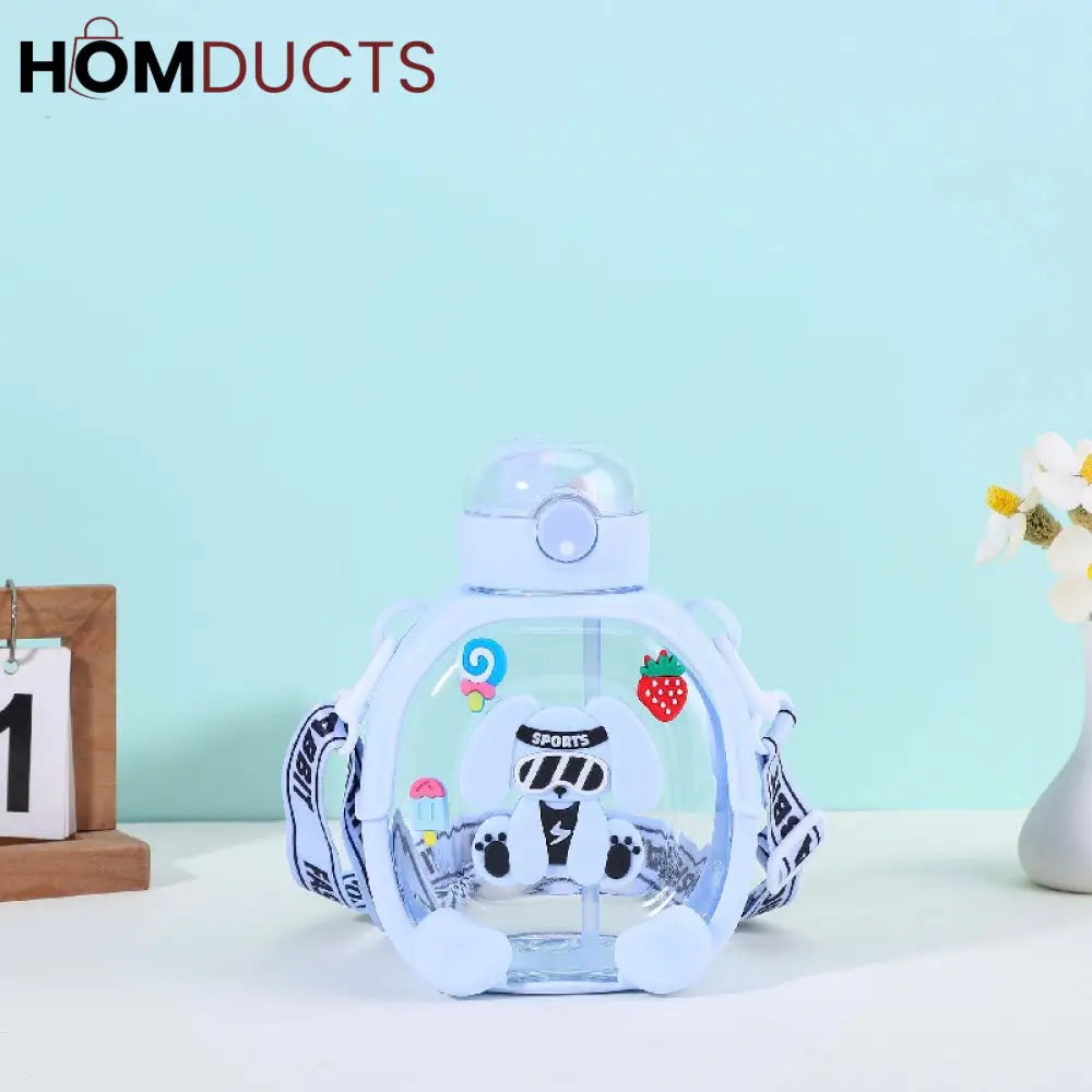 Adorable Cartoon Dog Kids Water Bottle with Straw & Crossbody Strap - Hydration Fun!