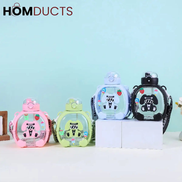 Adorable Cartoon Dog Kids Water Bottle with Straw & Crossbody Strap - Hydration Fun!