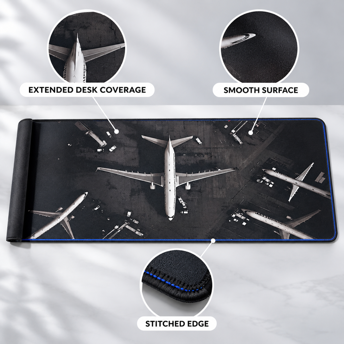 Airplane runway extended mousepad feature infographic