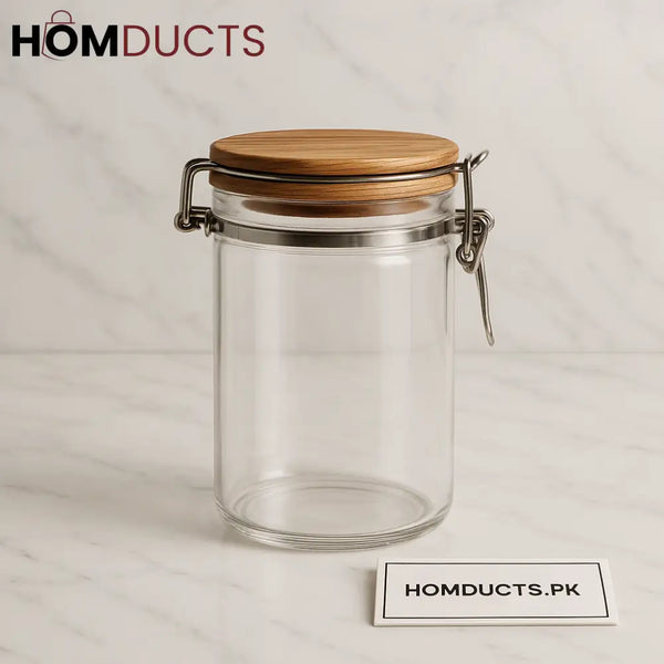 Airtight Glass Storage Jar with Bamboo Lid & Metal Clamp