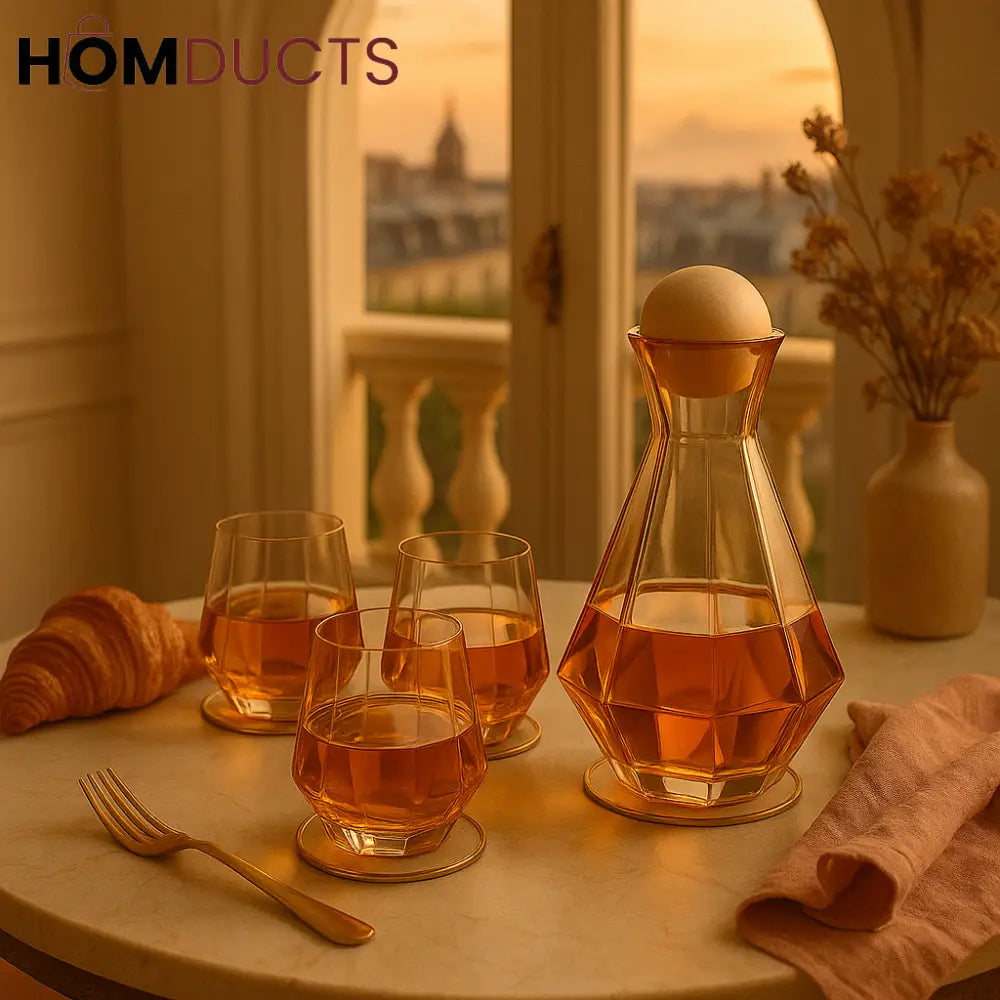 Amber Aura Decanter Set – 6-Piece Faceted Glass Jug & Tumbler Collection for Luxe Entertaining