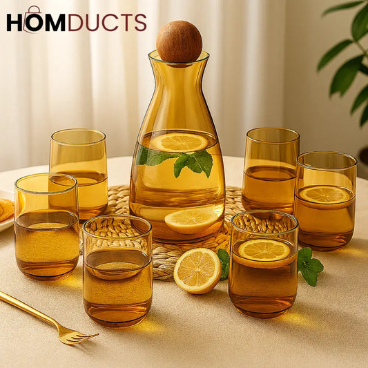 Amber Glass Jug Set with Wooden Ball Lid – 7-Piece Lemonade & Water Serving Set
