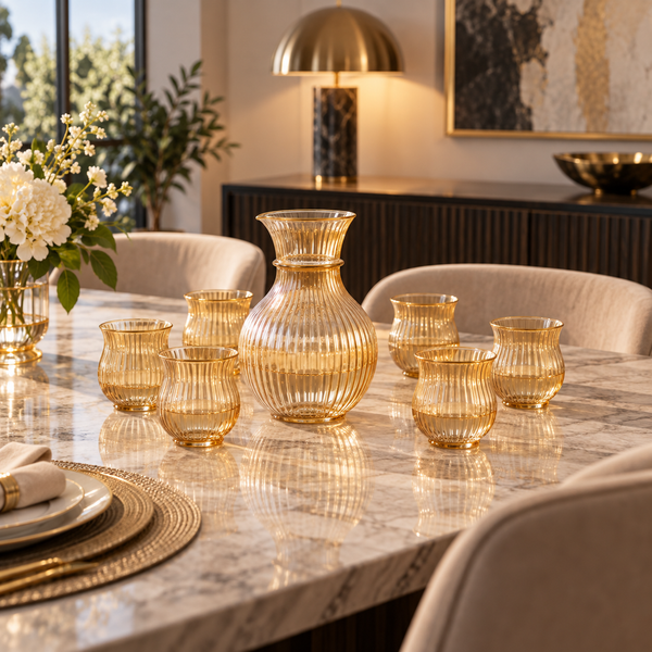 Amber ribbed glass water set with jug and six glasses