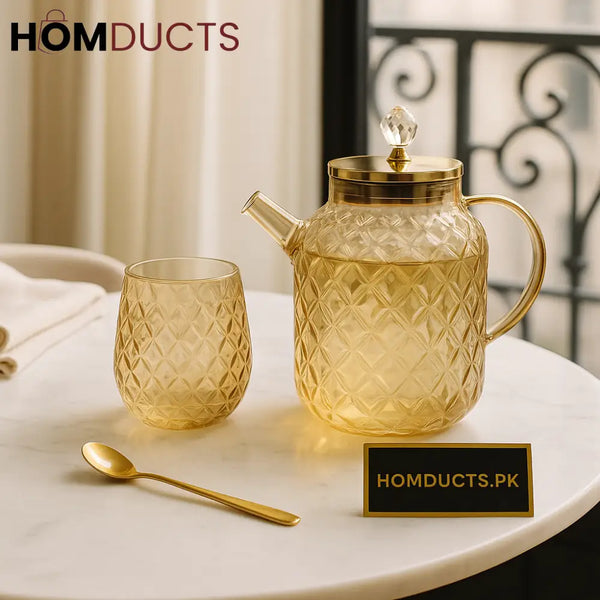Amber Luxe Diamond Glass Tea Set – 1 Kettle 6 Cups & 6 Gold Spoons