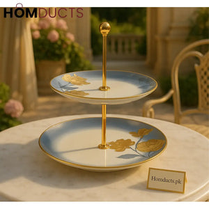 Angela Blue & Gold 2-Tier Dessert Stand – Elegant Floral High Tea Tray with Golden Rod