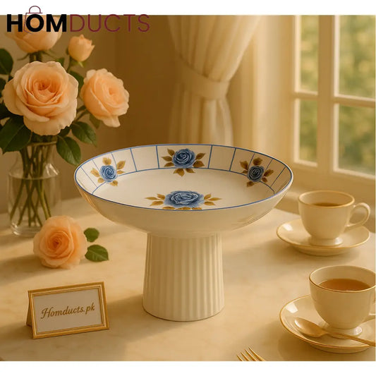 Angela Blue Rose Porcelain Pedestal Bowl – Luxury Floral Fruit & Dessert Centerpiece