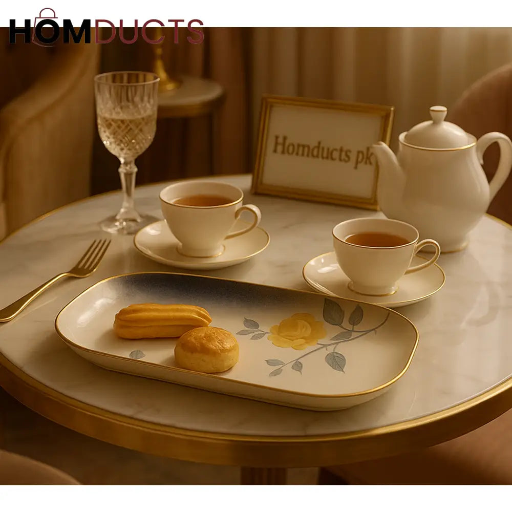 Angela Luxe Floral Porcelain Tray – Blue & Gold Elegant Serving Platter for Tea & Dessert