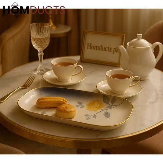 Angela Luxe Floral Porcelain Tray – Blue & Gold Elegant Serving Platter for Tea & Dessert