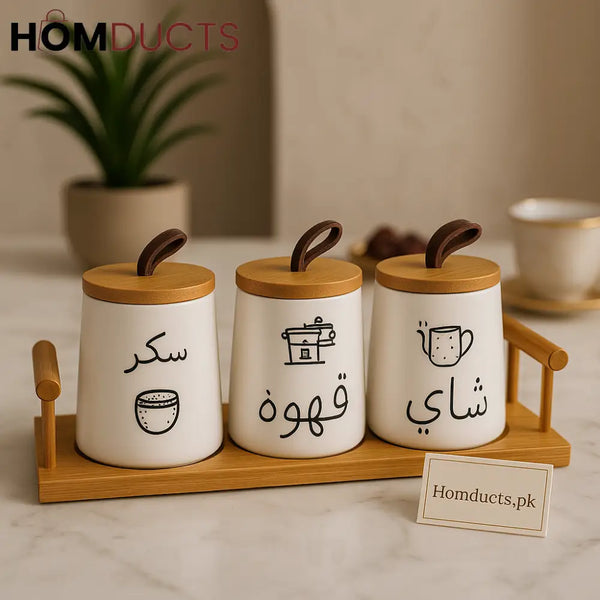 Arabic Ceramic Jar Set – Tea Coffee & Sugar Storage with Wooden Lids – 3 Pcs