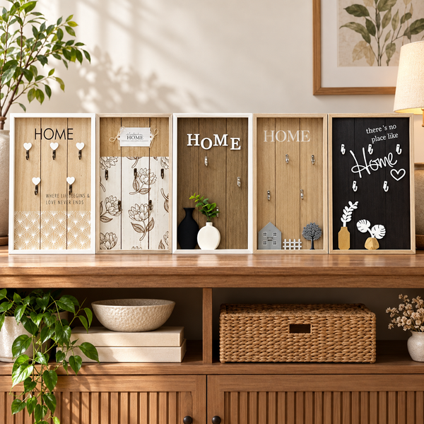 Assorted framed wooden wall key holder organizer designs