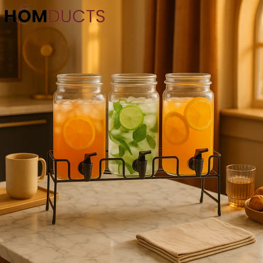 Aurora Triple Beverage Server – Glass Jars with Iron Rack