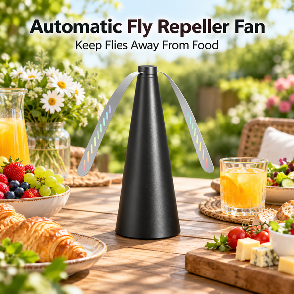 Automatic fly repeller fan keeping flies away from outdoor food