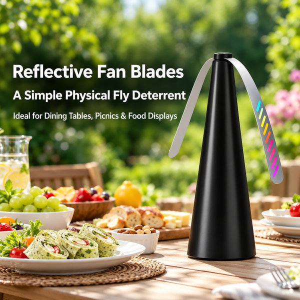 Reflective blade fly deterrent for dining tables and picnics