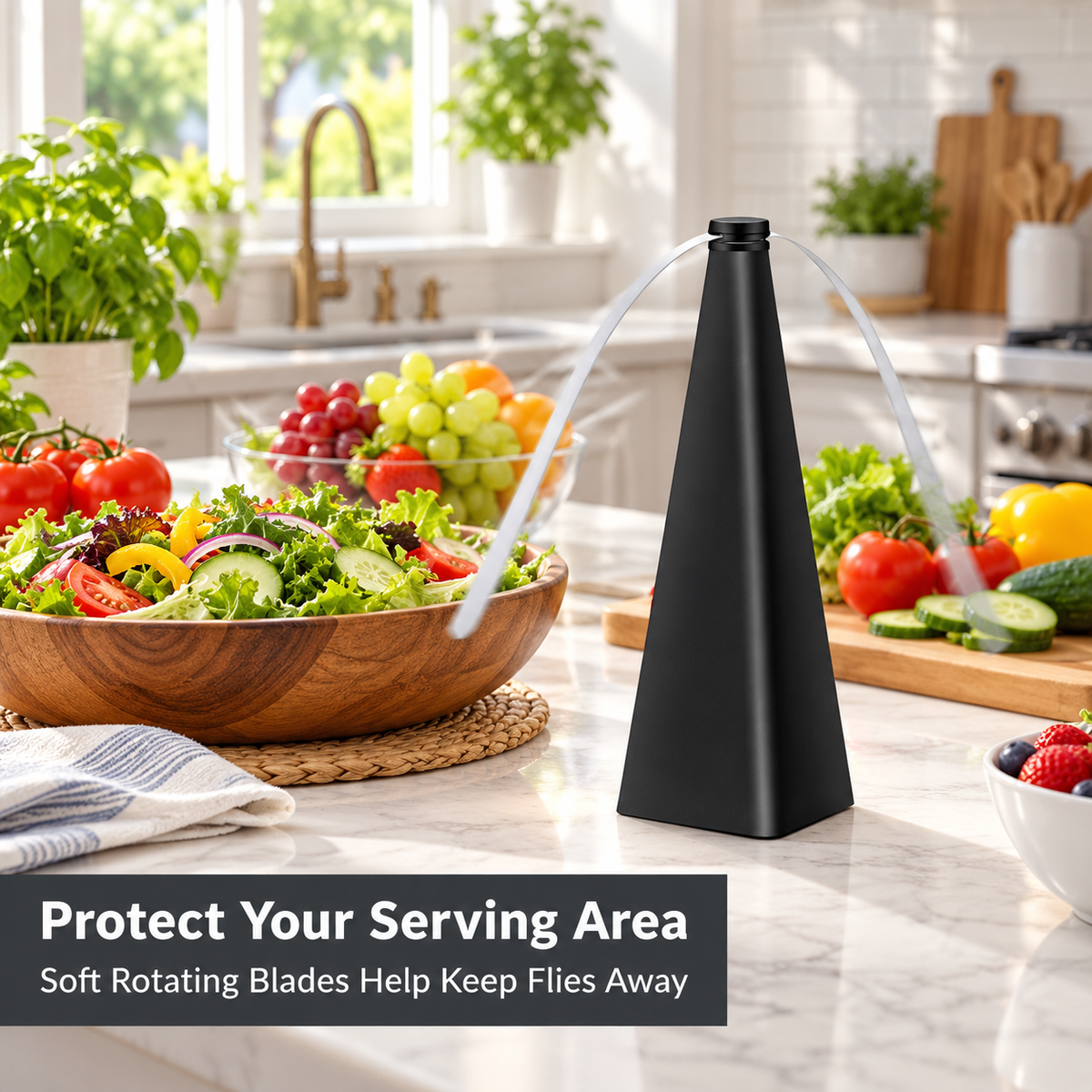 Automatic fly repeller fan protecting a kitchen serving area