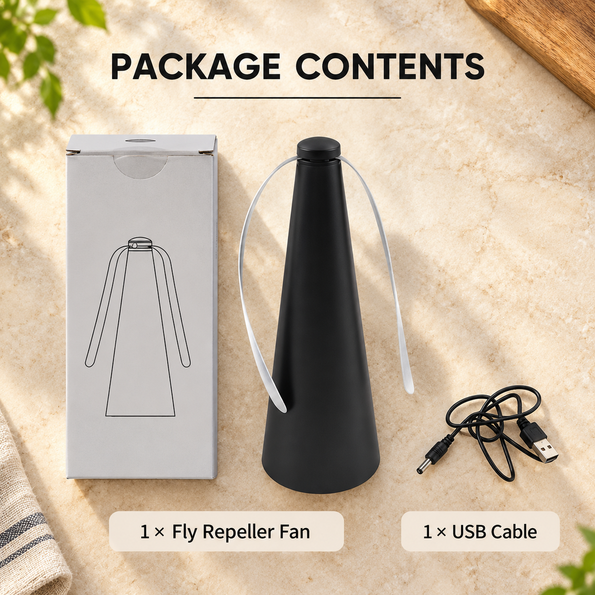 Automatic fly repeller fan package contents with USB cable