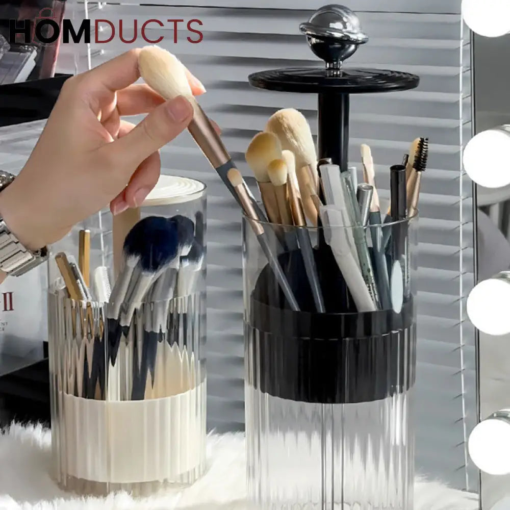 Automatic Pop-Up Makeup Brush Holder – Push-to-Lift Acrylic Storage Organizer with Lid for Vanity & Desk