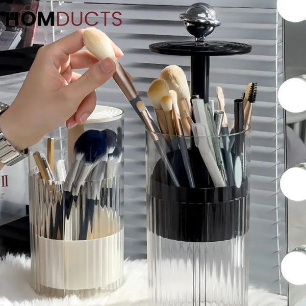 Automatic Pop-Up Makeup Brush Holder – Push-to-Lift Acrylic Storage Organizer with Lid for Vanity & Desk