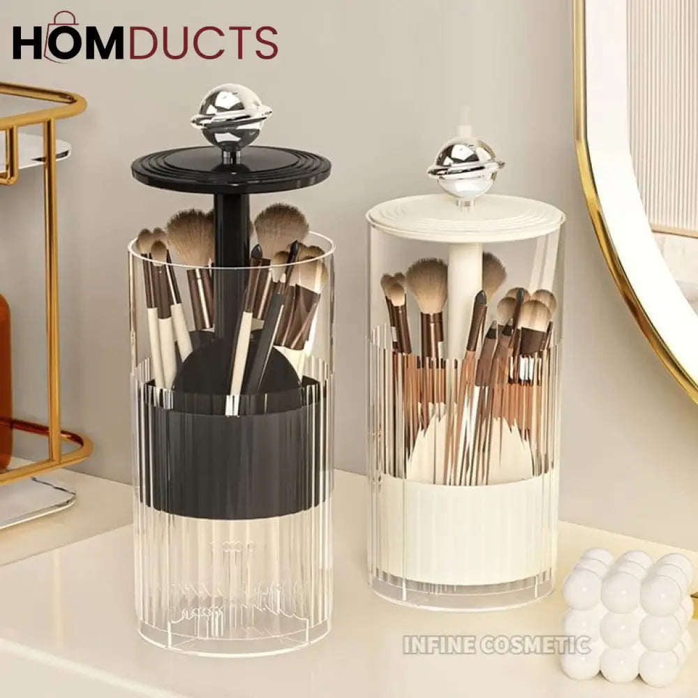 Automatic Pop-Up Makeup Brush Holder – Push-to-Lift Acrylic Storage Organizer with Lid for Vanity & Desk
