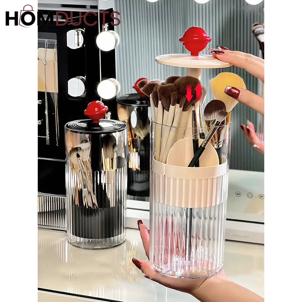Automatic Pop-Up Makeup Brush Holder – Push-to-Lift Acrylic Storage Organizer with Lid for Vanity & Desk