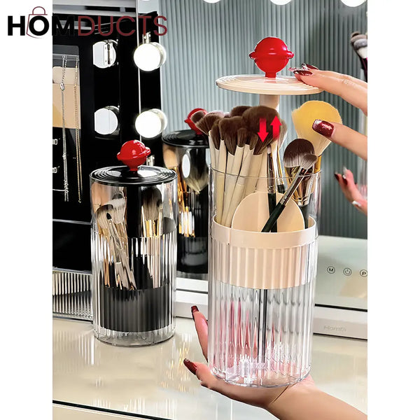 Automatic Pop-Up Makeup Brush Holder – Push-to-Lift Acrylic Storage Organizer with Lid for Vanity & Desk