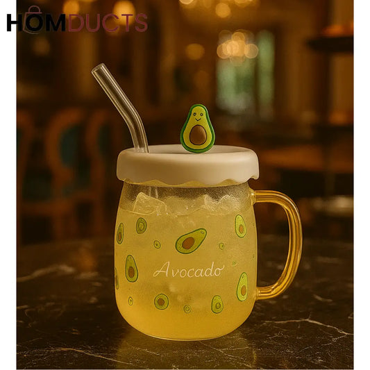 Avocado Design Glass Mug with Straw – Cute Kids Juice Cup | Luxury Coffee Café Style