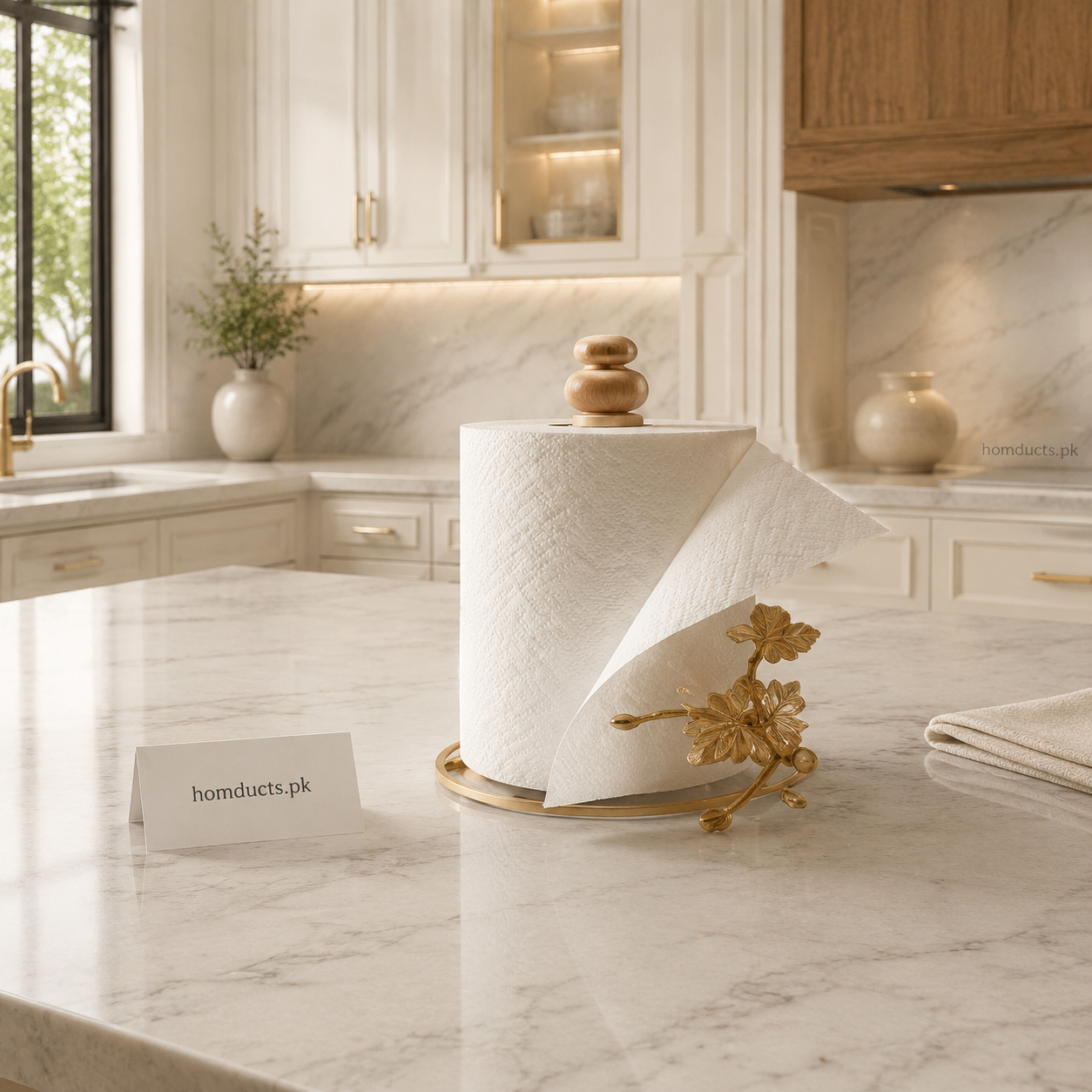 Luxury Gold Floral Paper Towel Holder with Wooden Knob – Decorative Kitchen Tissue Roll Stand