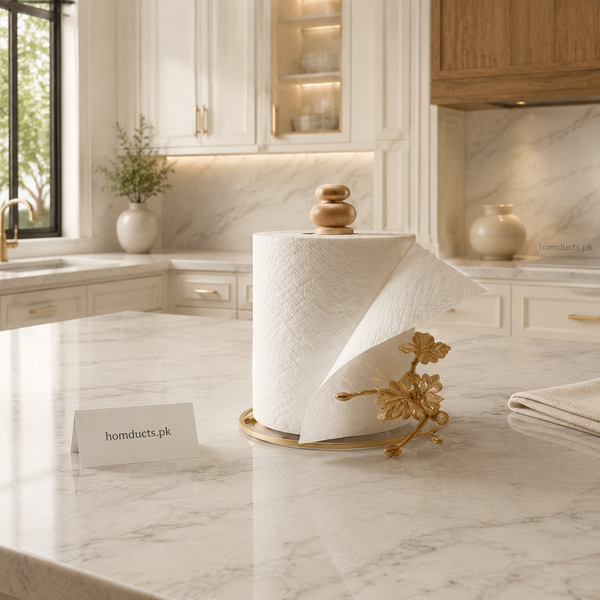 Luxury Gold Floral Paper Towel Holder with Wooden Knob – Decorative Kitchen Tissue Roll Stand