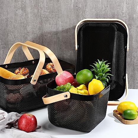 Modern Metal Mesh Fruit Basket with Wooden Handle – Stylish Kitchen Counter Storage for Fruits and Vegetables