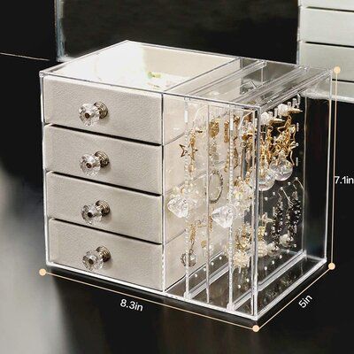 Acrylic Jewelry Organizer Box with Drawers and Earring Holder – Clear Storage Case for Rings, Watches & Accessories