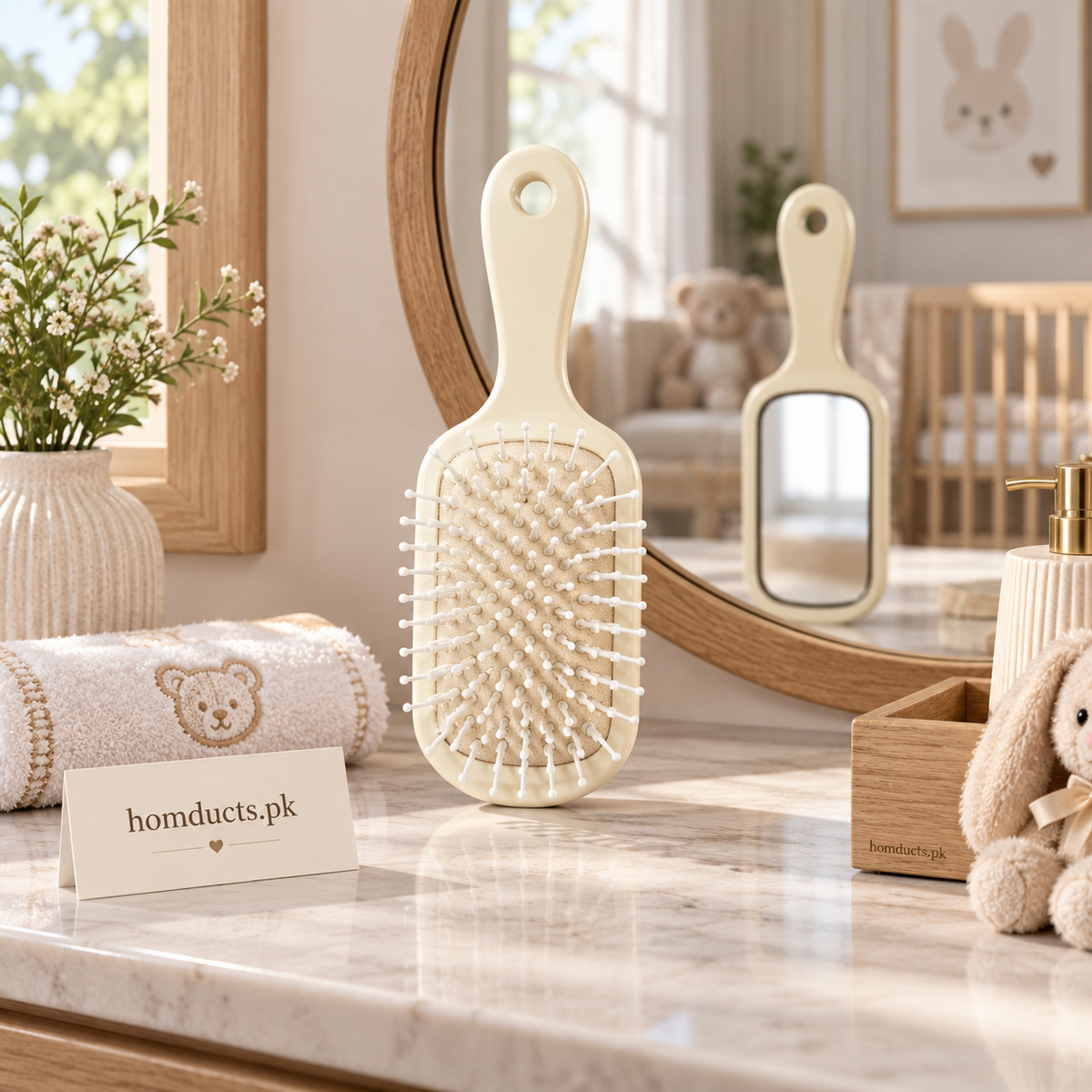 Double-sided rectangular baby hair brush with back mirror