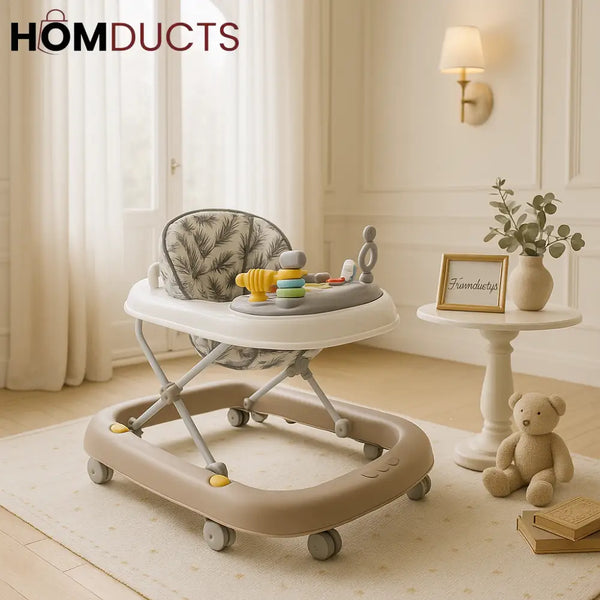 Baby Walker with Activity Tray – Palm Print Seat & Front Play Station
