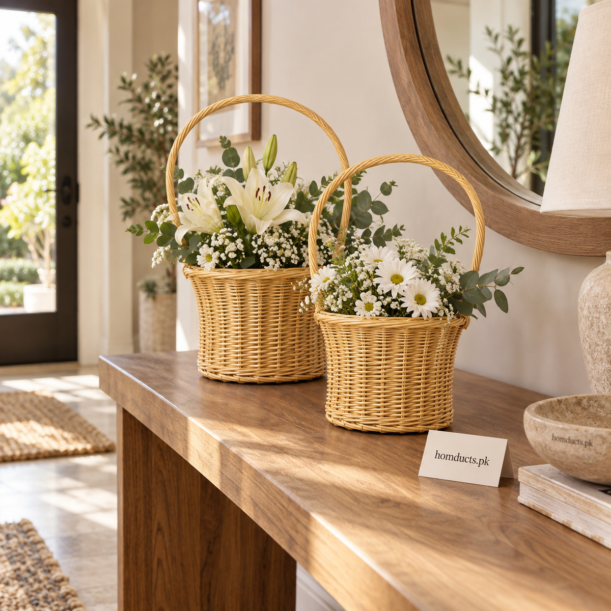 Two round rattan flower baskets with handles