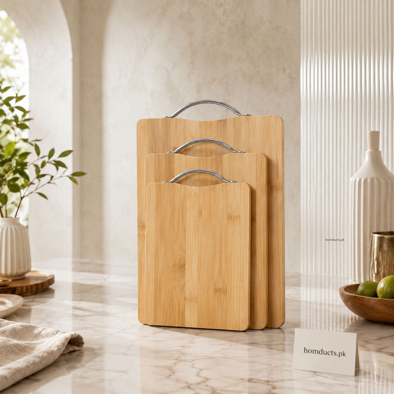 Bamboo cutting boards with metal handles in three sizes
