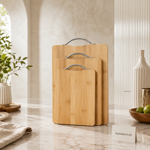 Bamboo cutting boards with metal handles in three sizes