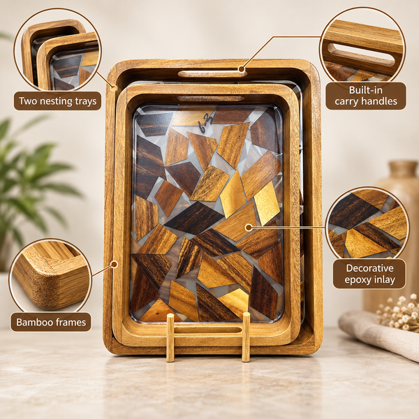 Bamboo and Epoxy Serving Tray Set – 2 Pieces feature infographic