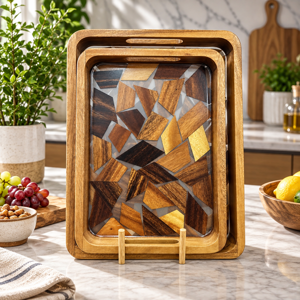 Bamboo and Epoxy Serving Tray Set – 2 Pieces styled in a premium kitchen setting