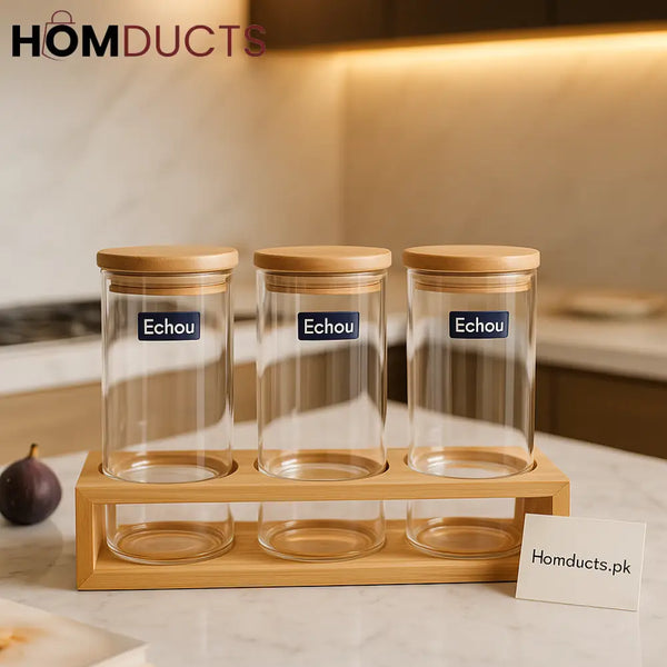 Bamboo-Lid Glass Jar Trio with Wooden Stand – Airtight Kitchen Storage Set