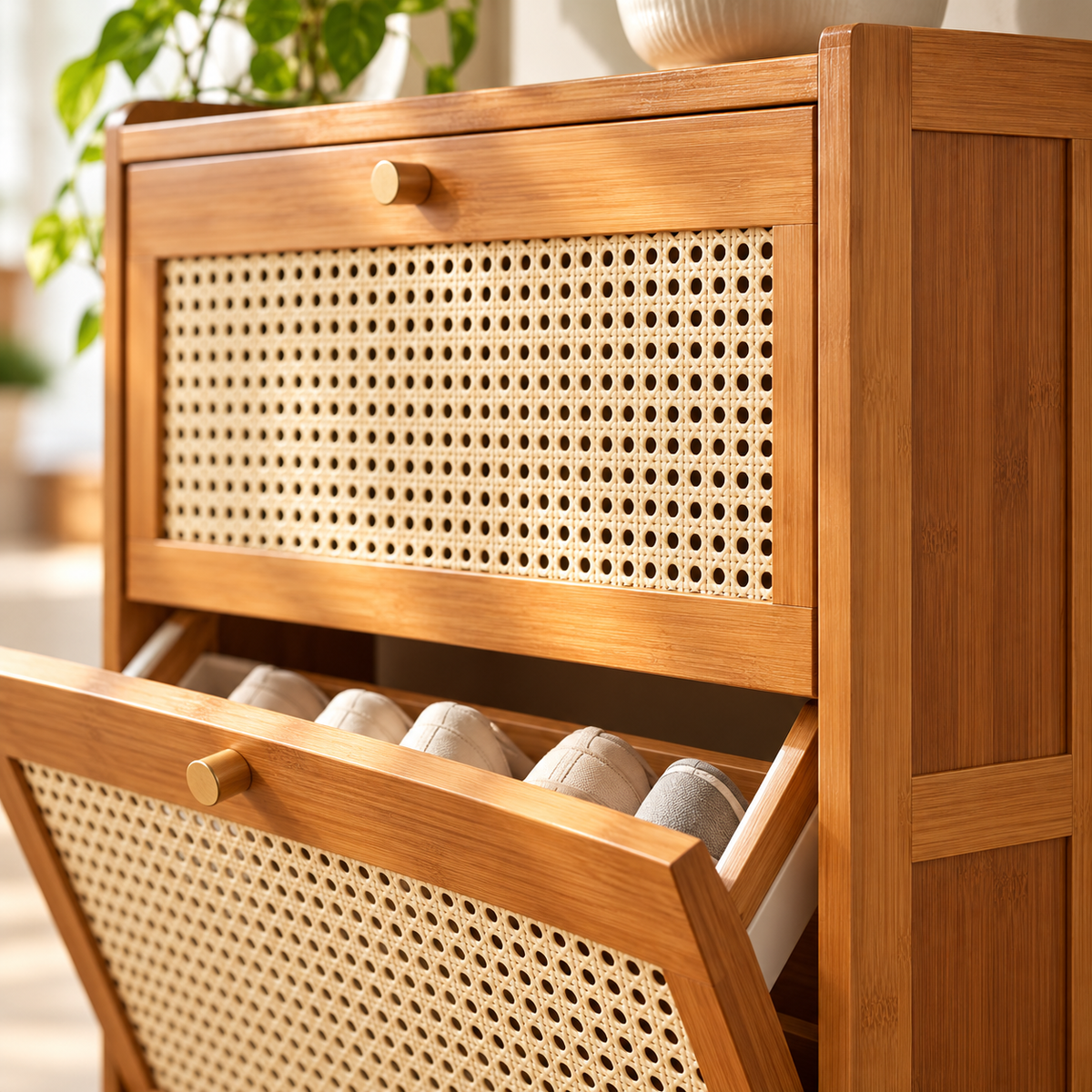 Close-up of bamboo frame and woven rattan tilt-out door