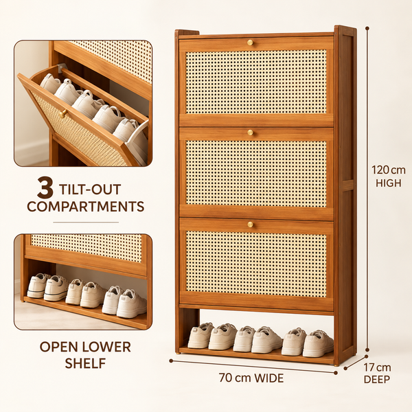 Dimensions and features of the three-door bamboo rattan shoe cabinet