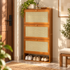 Slim bamboo rattan shoe cabinet styled in a bright entryway
