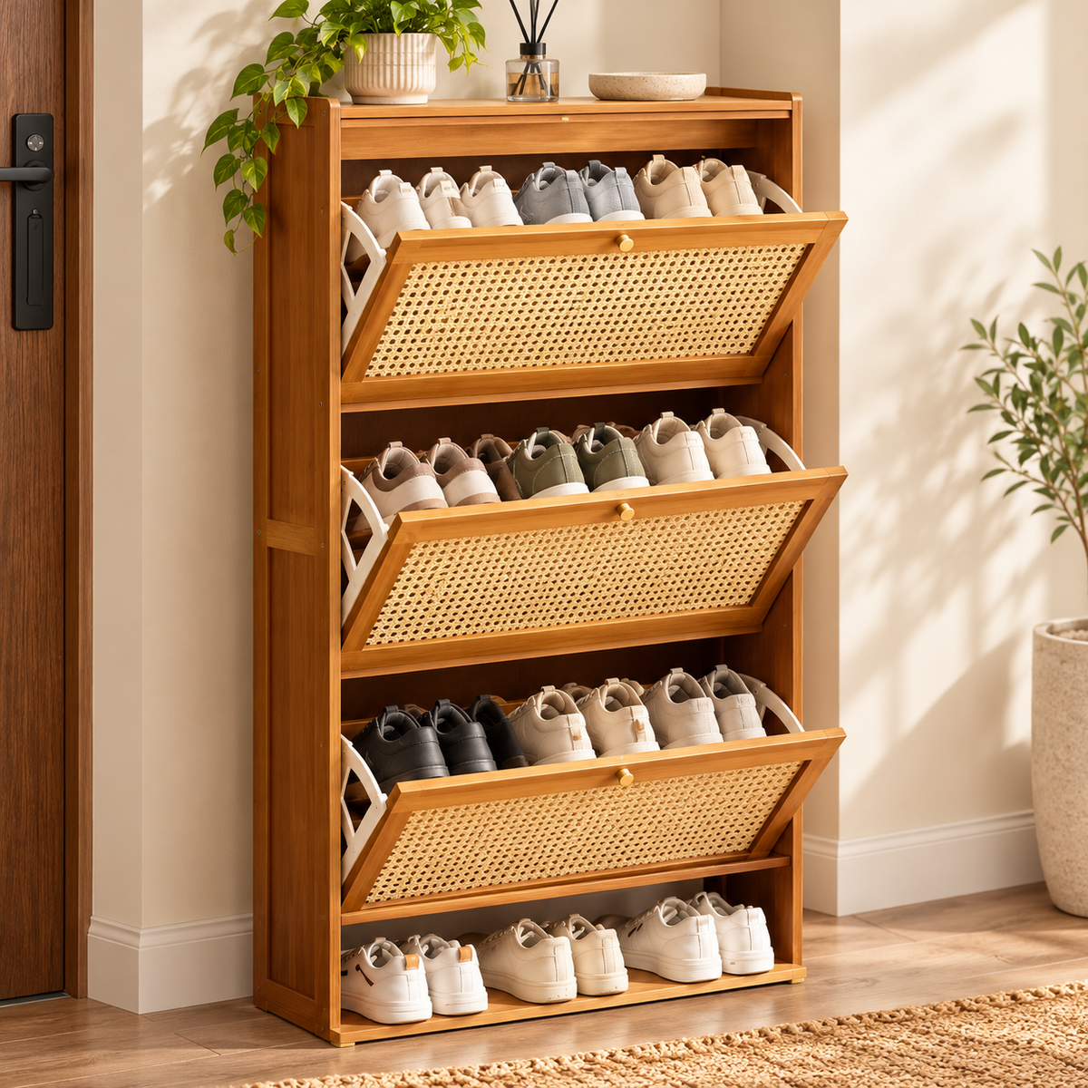 Three open tilt-out compartments filled with organized shoes