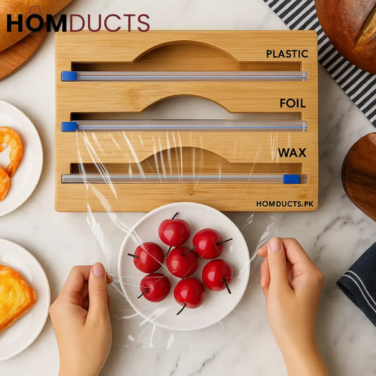 Bamboo Wrap Dispenser with Cutter – Plastic Foil & Wax Paper Organizer for Kitchen Drawer or Wall Mount