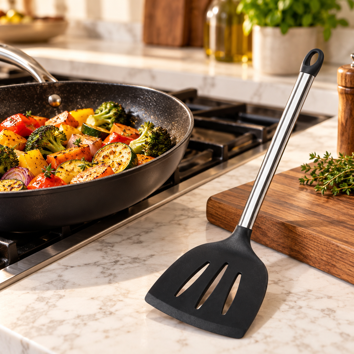 Black slotted silicone turner beside pan