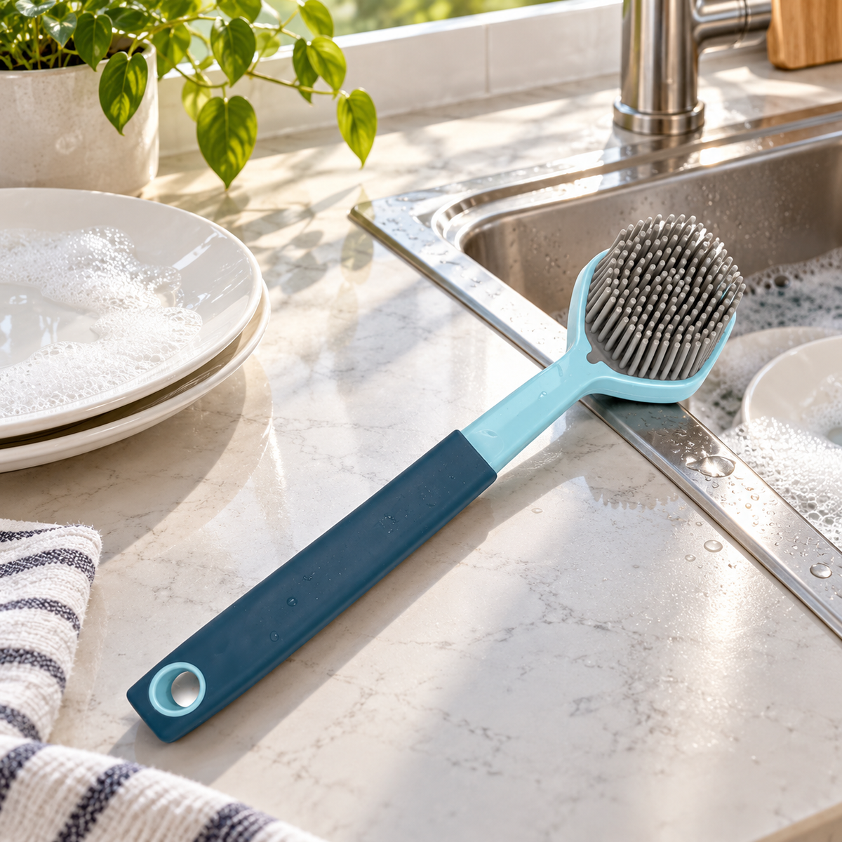 Long-Handle Flexible Bristle Dish Cleaning Brush