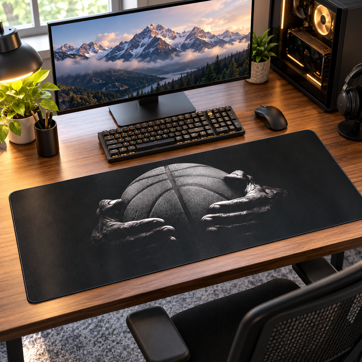 Basketball grip extended mousepad in a modern gaming setup
