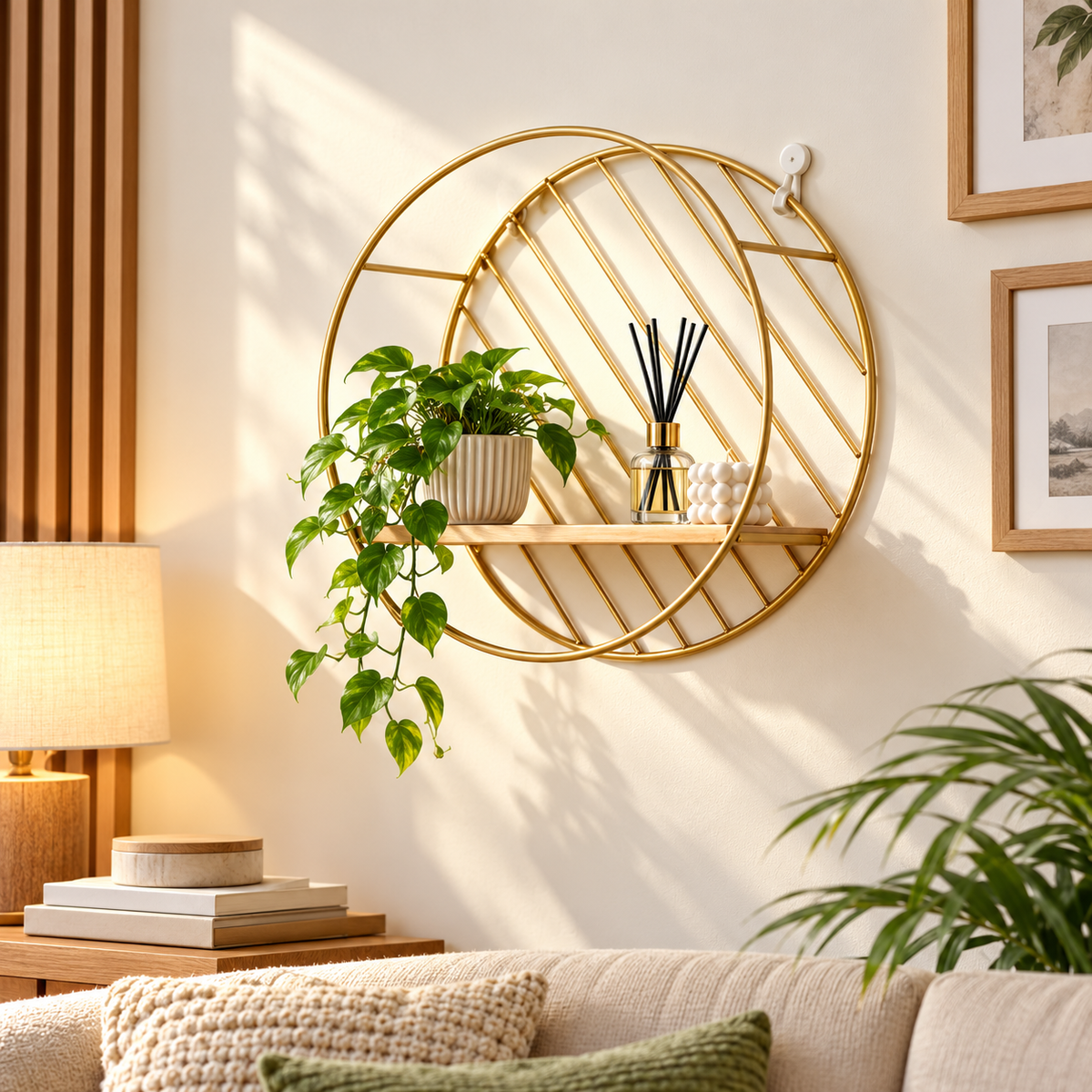 Gold Round Metal Wall Shelf with Wooden Ledge – 30cm lifestyle